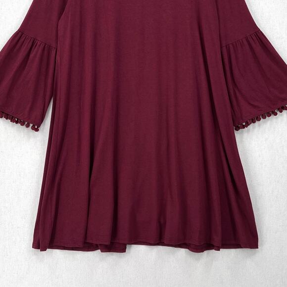 JOHNNY WAS CALME Flute Sleeve Swing Dress Womens Medium Burgundy Maroon Pom Pom - Picture 7 of 15